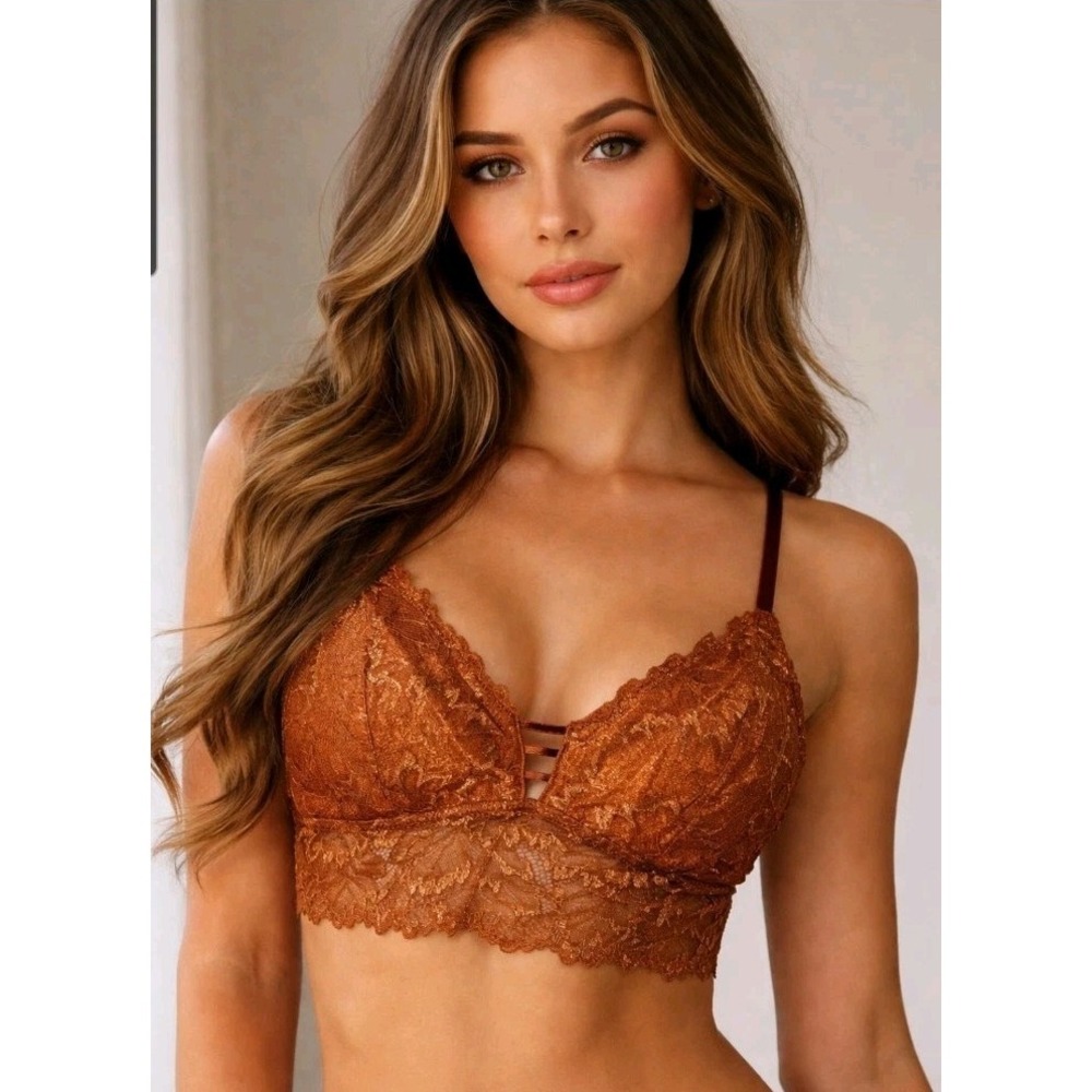 Auden Size M Whimsy Y2K Longline Lace Bralette Burnt Orange Metallic Gold Floral